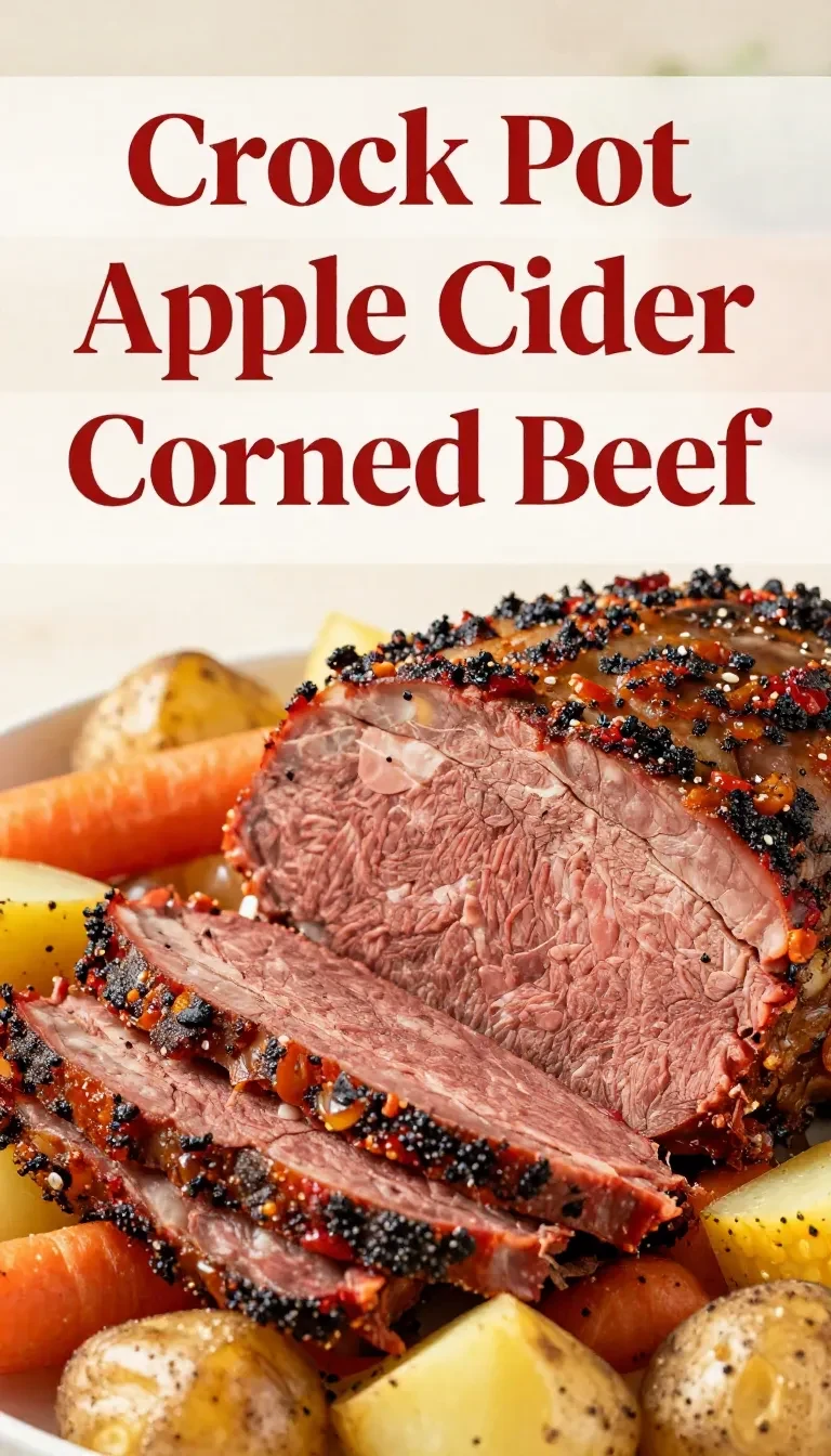 A slow cooker filled with tender corned beef glazed with apple cider, garnished with herbs