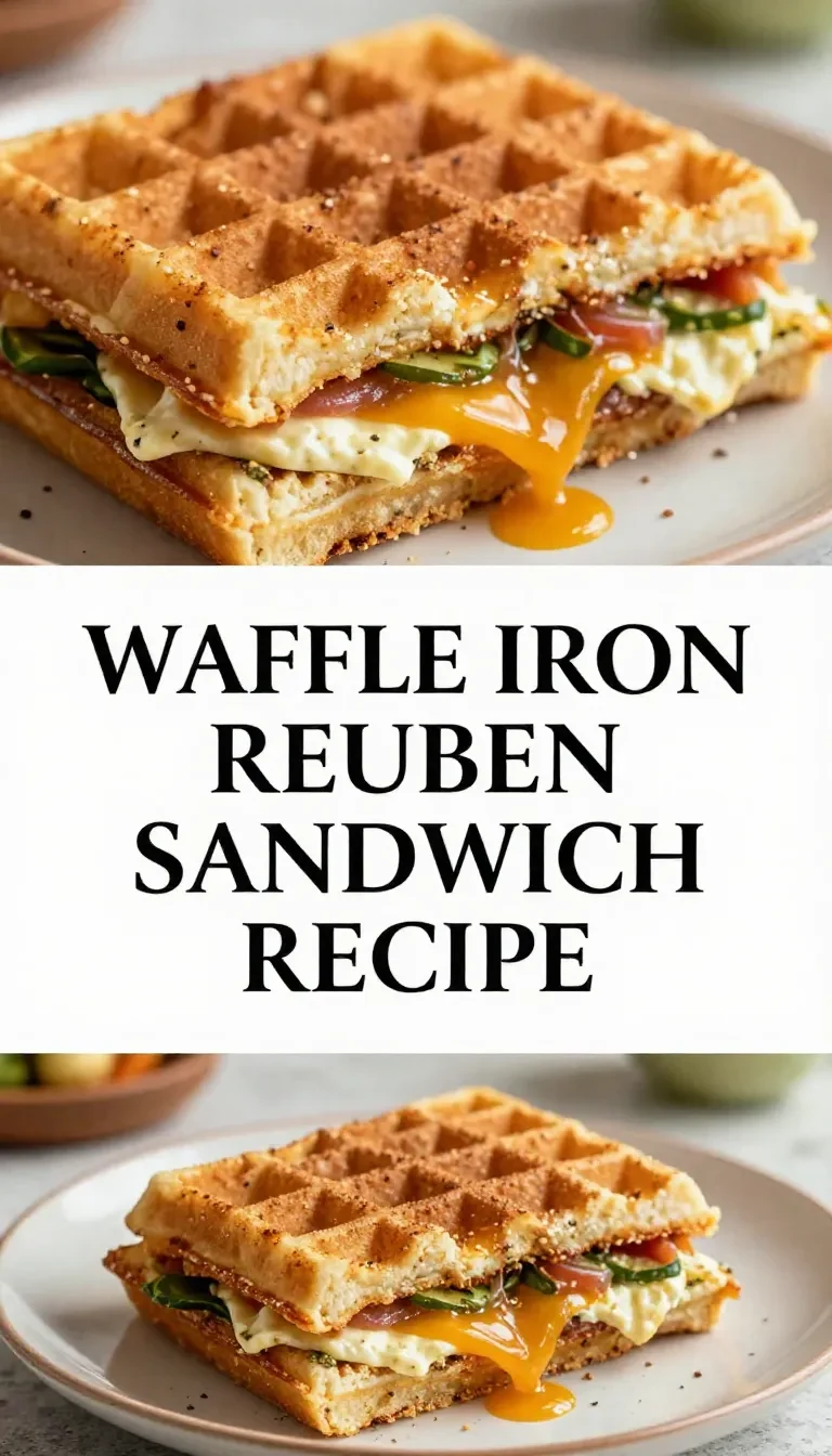 A delicious waffle iron Reuben sandwich with melted cheese and corned beef, served on a wooden board.