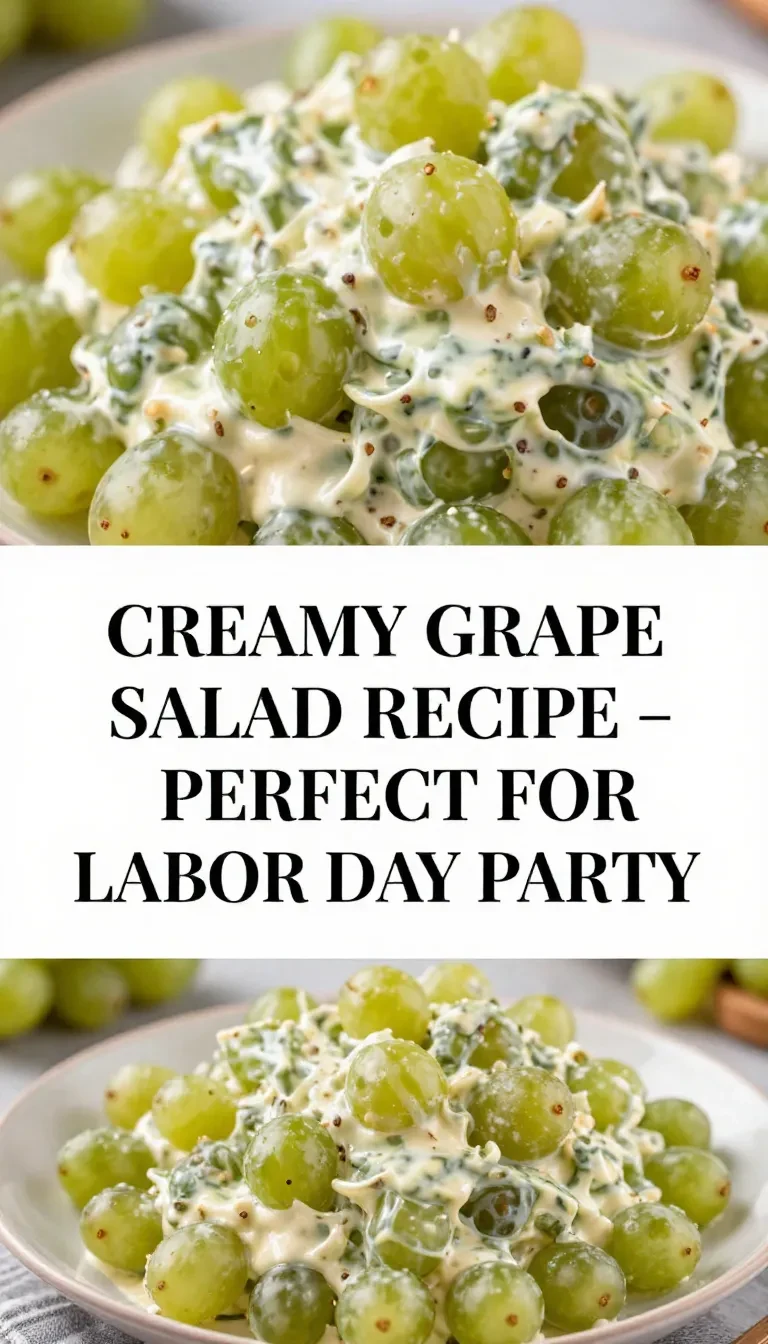 A bowl of creamy grape salad topped with chopped pecans, perfect for a Labor Day party.