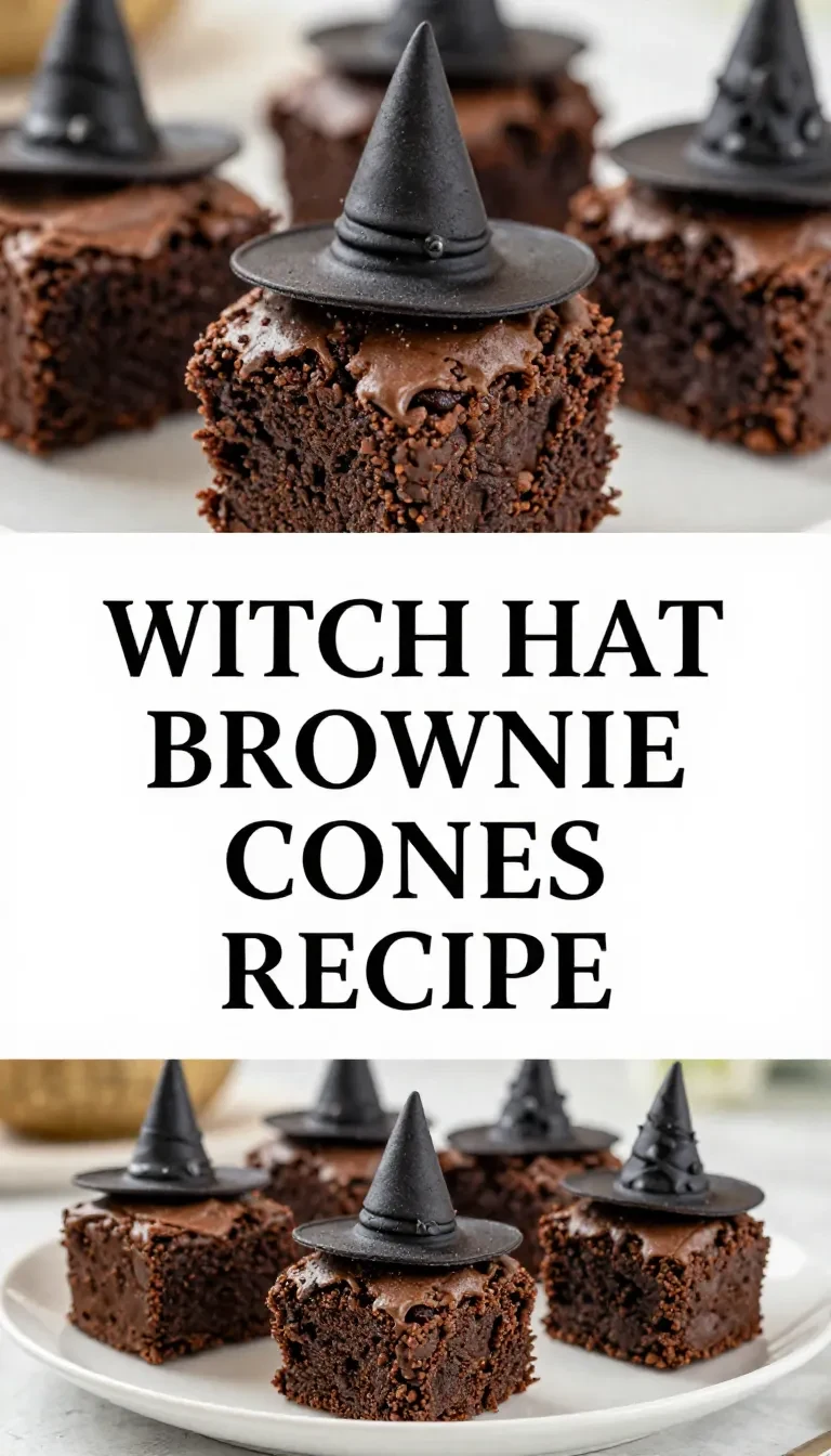 A delicious witch hat brownie cone topped with chocolate and sprinkles
