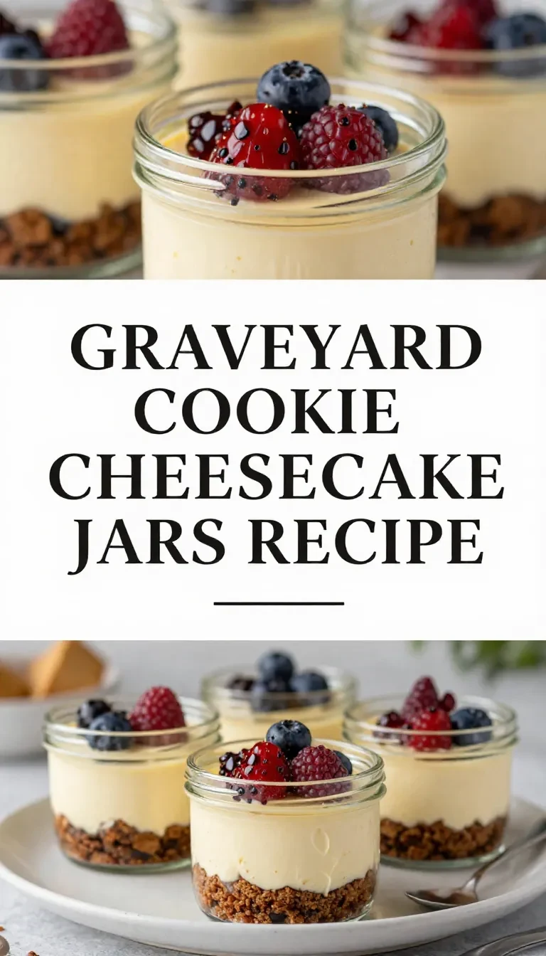 Delicious Graveyard Cookie Cheesecake Jars topped with chocolate crumbs and gummy worms