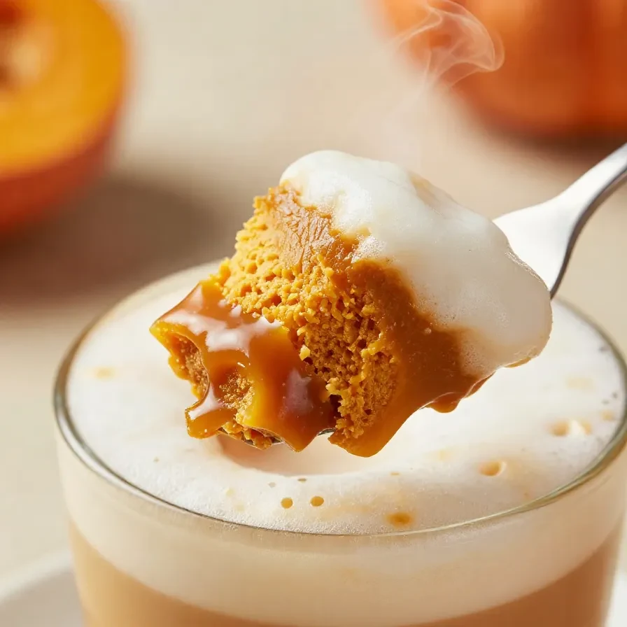 A close-up of a caramel pumpkin chai latte topped with creamy pumpkin cold foam in a glass mug.