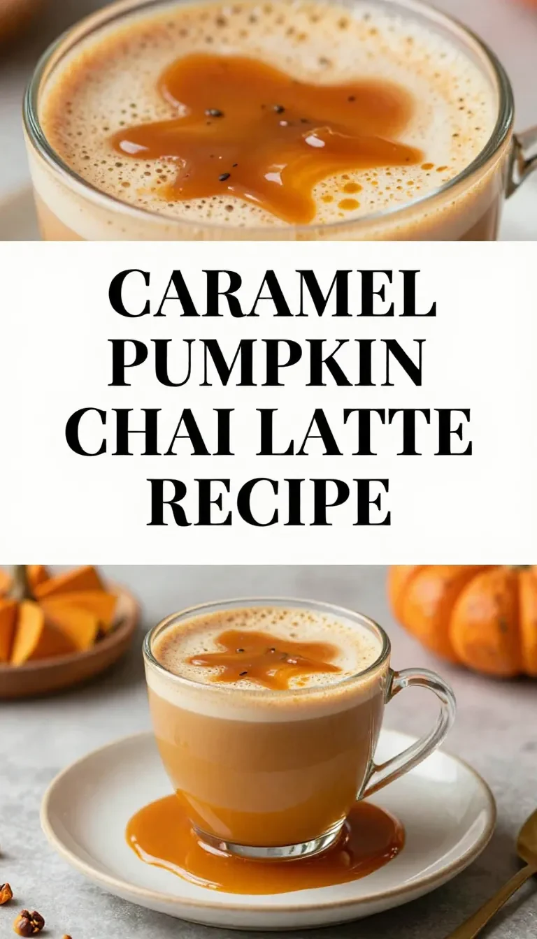 A close-up of a caramel pumpkin chai latte topped with creamy pumpkin cold foam in a glass mug.