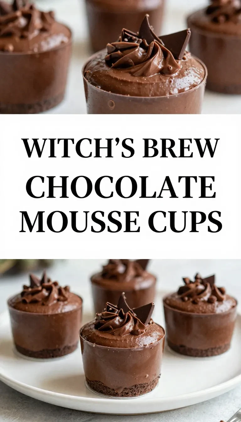 Delicious Witch's Brew Chocolate Mousse Cups topped with spooky decorations
