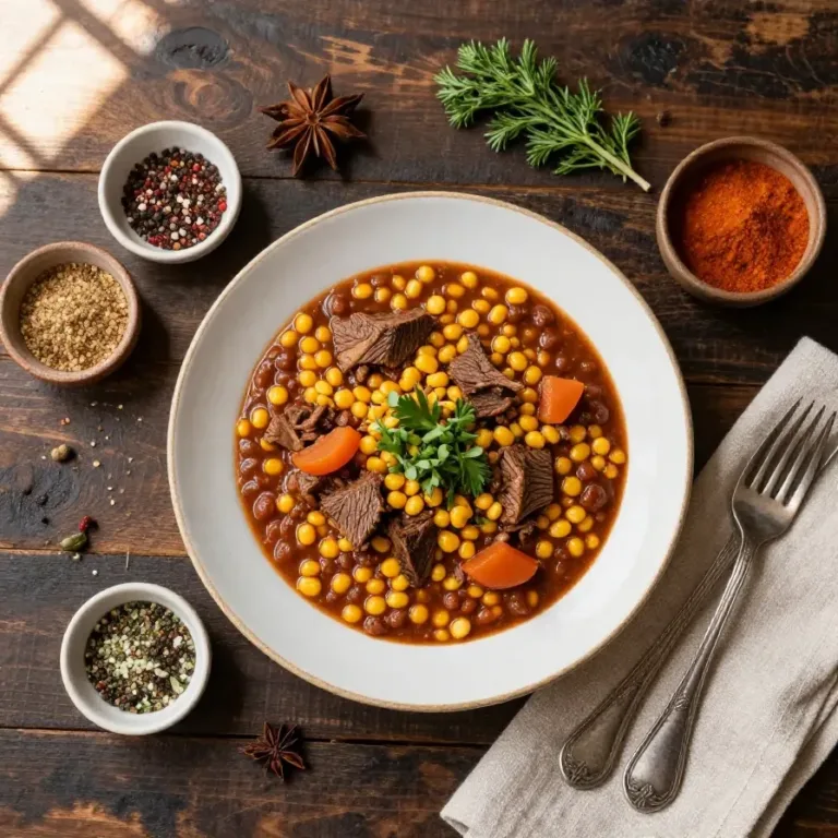 A crockpot filled with corned beef chili garnished with fresh herbs.