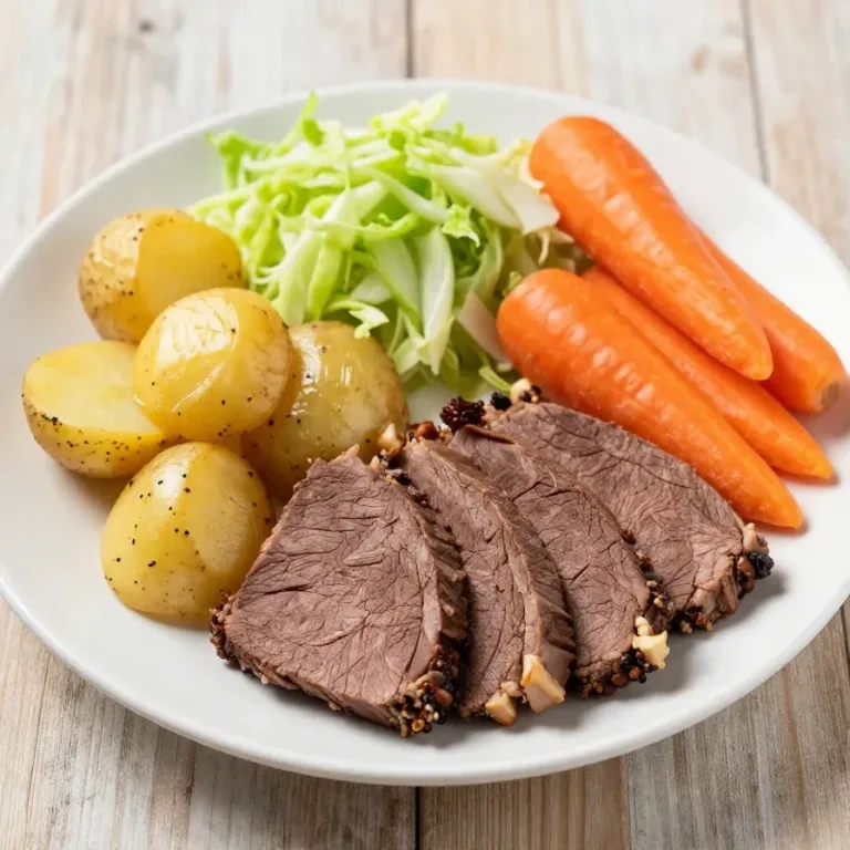 A delicious slow cooker corned beef dish garnished with mustard and fresh herbs