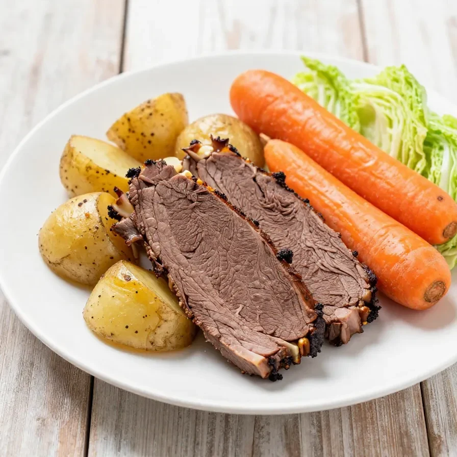A delicious slow cooker corned beef dish garnished with mustard and fresh herbs