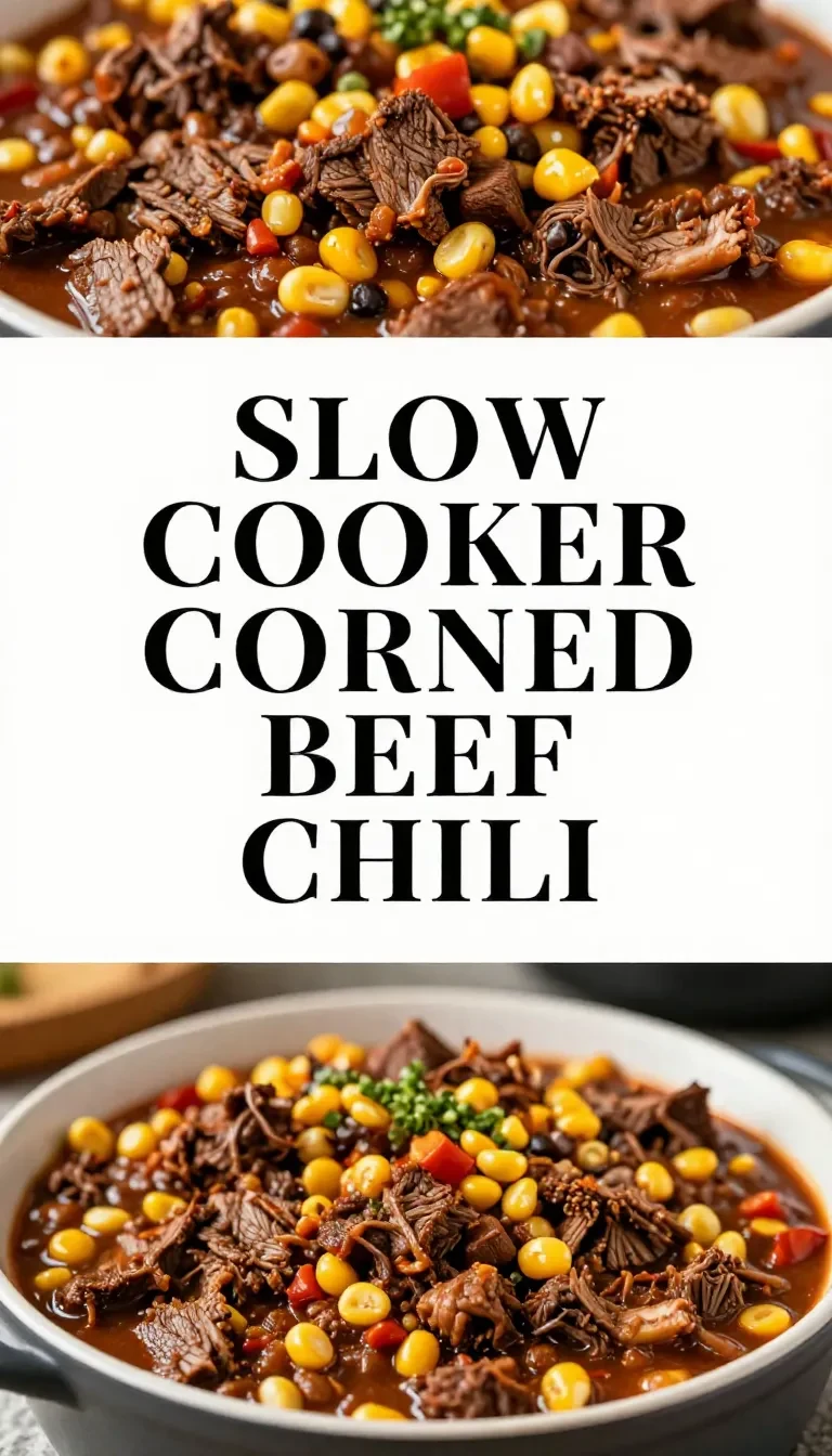 A crockpot filled with corned beef chili garnished with fresh herbs.