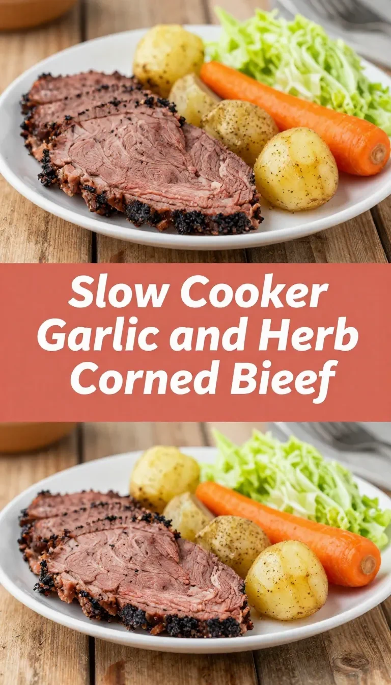 A delicious slow cooker corned beef dish garnished with mustard and fresh herbs