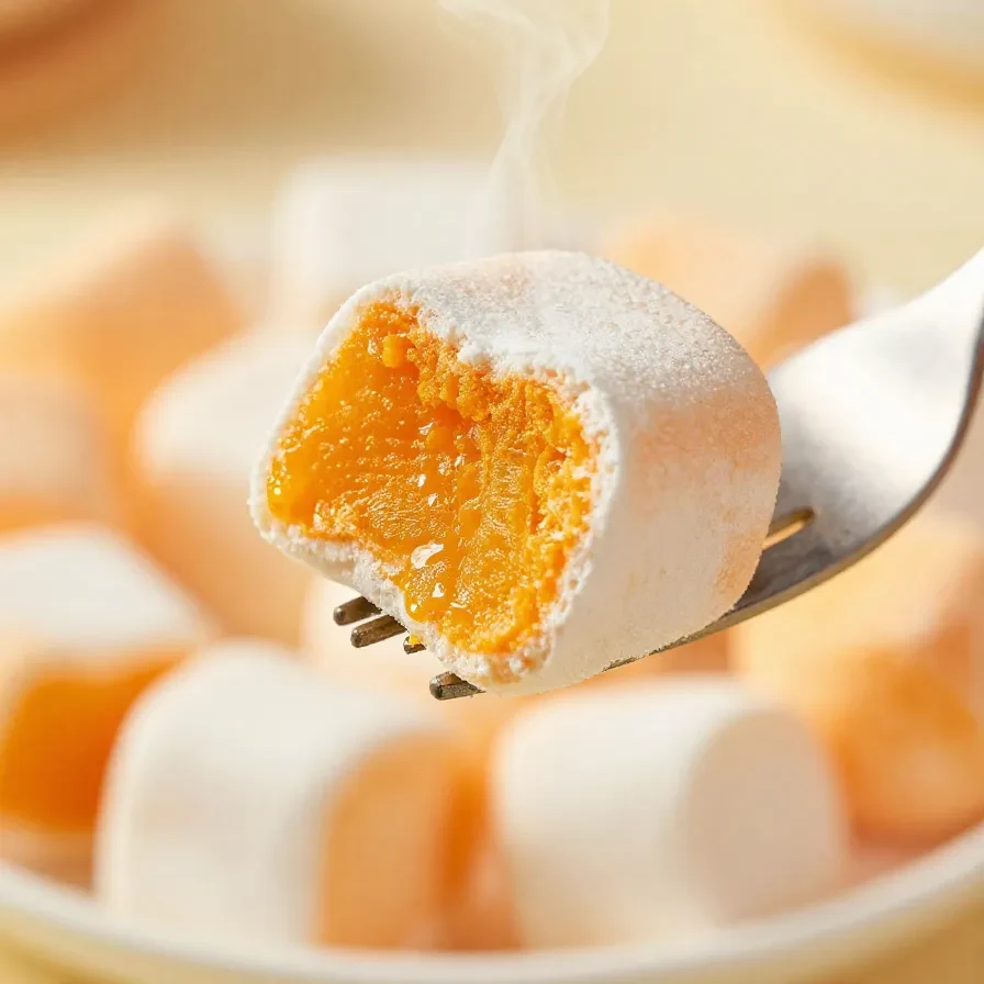 A close-up of pumpkin marshmallow pop clusters arranged on a wooden table