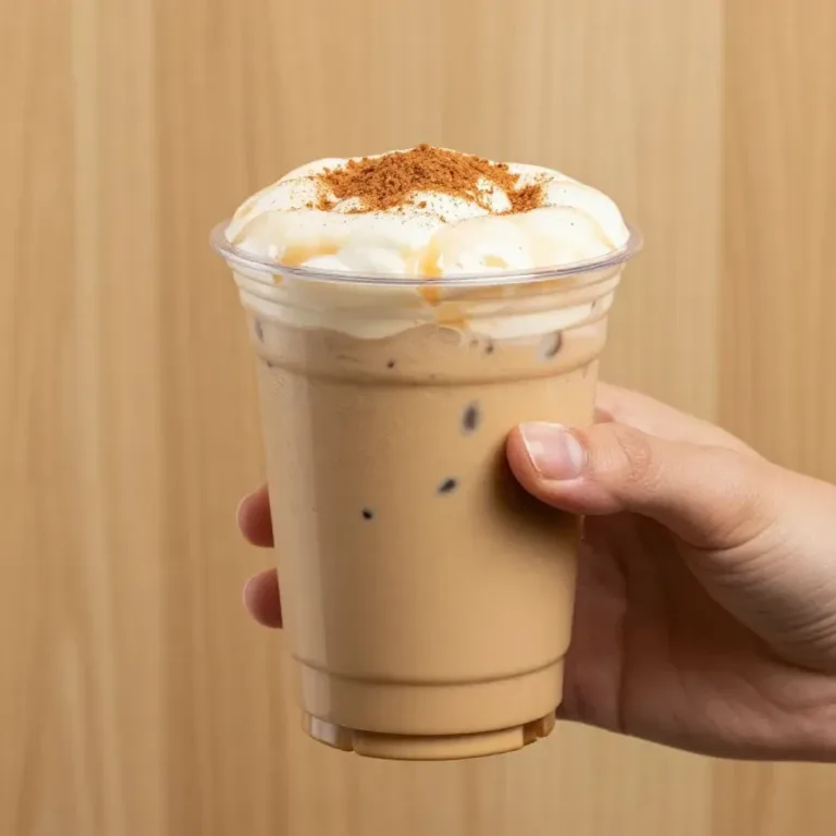 A close-up of a pumpkin spice latte topped with whipped cream and caramel drizzle in a ceramic mug.