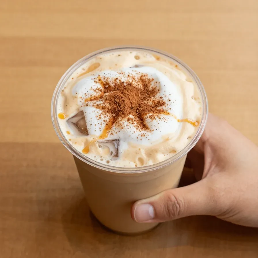 A close-up of a pumpkin spice latte topped with whipped cream and caramel drizzle in a ceramic mug.