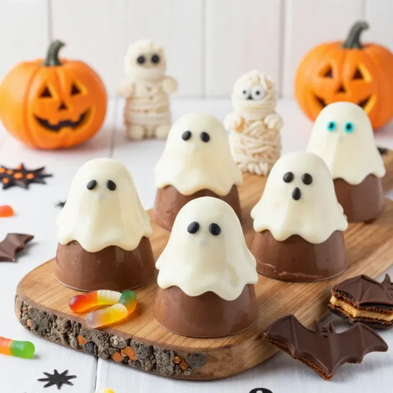 A variety of colorful no-bake Halloween desserts arranged on a table, including ghost-shaped cookies and pumpkin mousse cups.