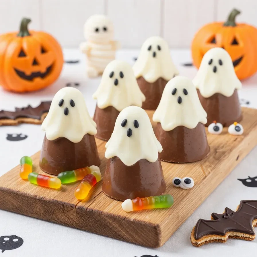 A variety of colorful no-bake Halloween desserts arranged on a table, including ghost-shaped cookies and pumpkin mousse cups.