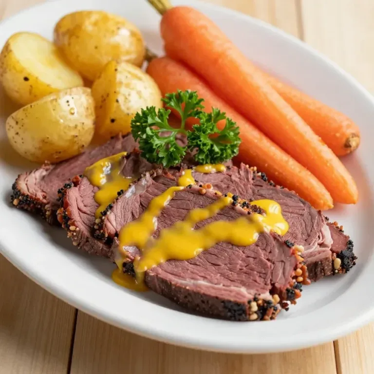 Crockpot corned beef served with mashed carrots and potatoes on a plate.