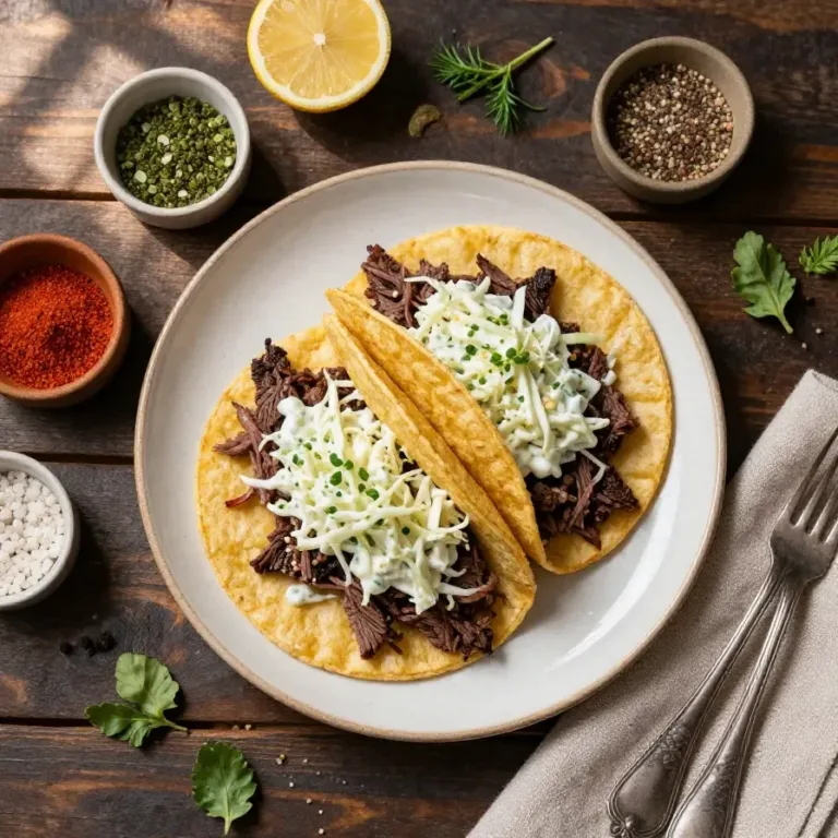 Corned Beef Tacos with Creamy Cabbage Slaw Delicious corned beef tacos topped with creamy cabbage slaw on a wooden table