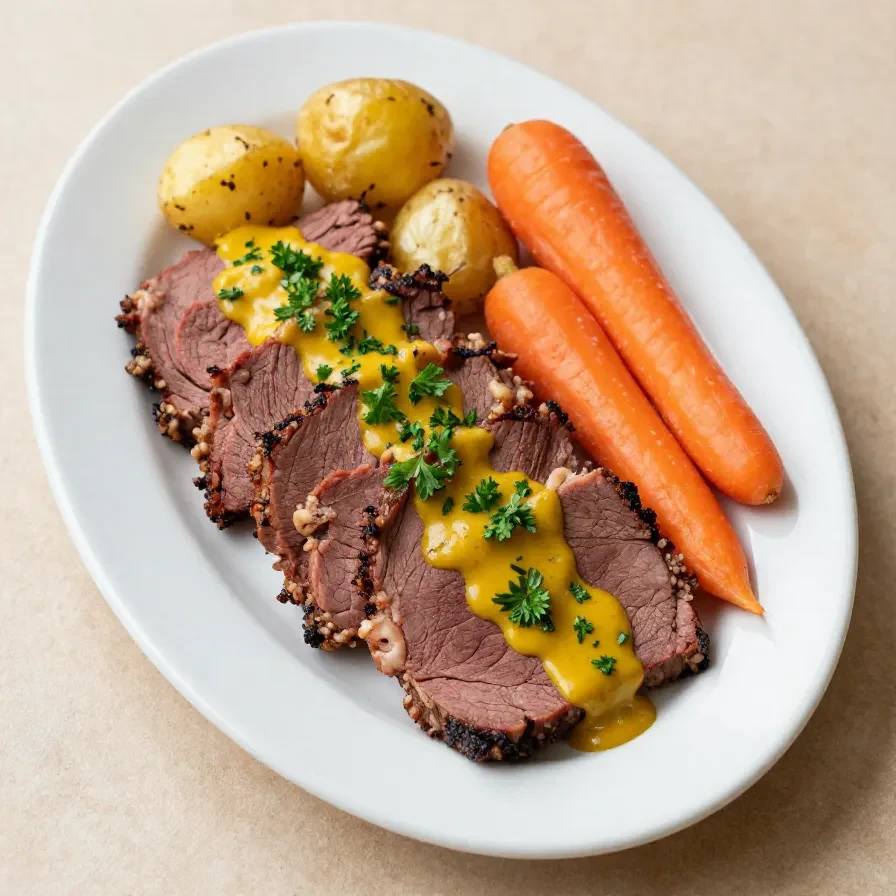 Crockpot corned beef served with mashed carrots and potatoes on a plate.