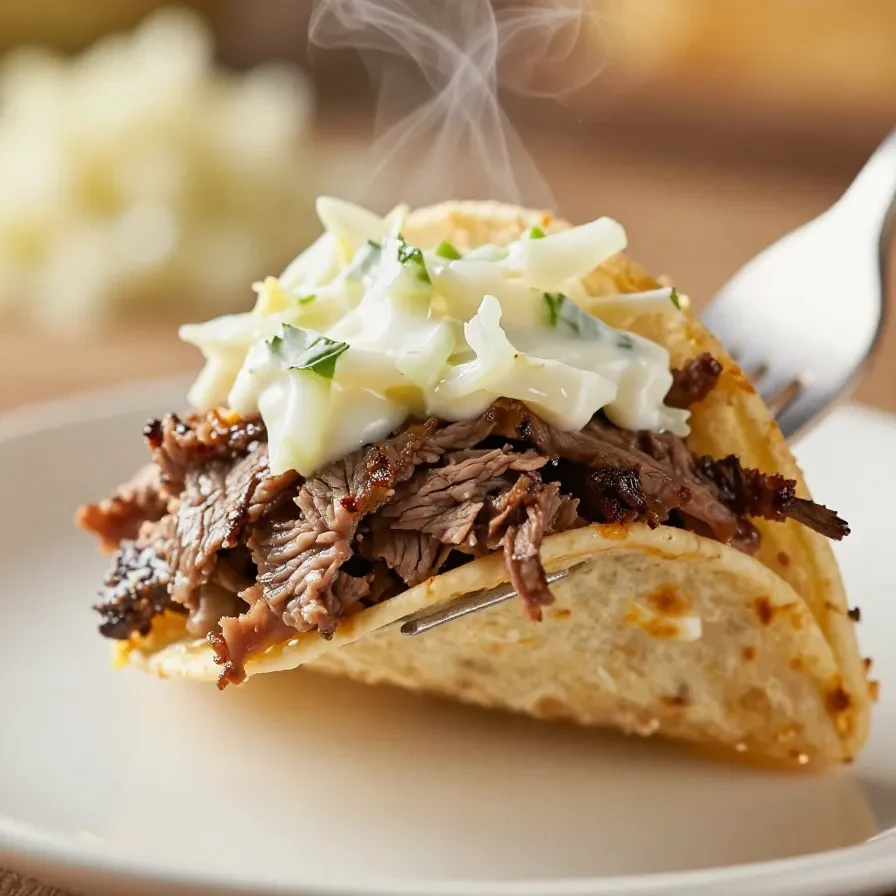 Delicious corned beef tacos topped with creamy cabbage slaw on a wooden table
