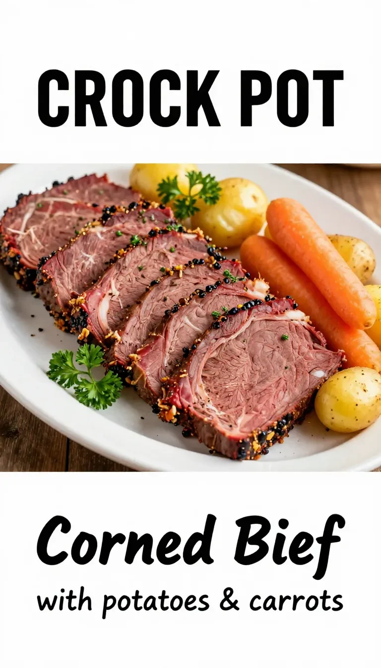 Crockpot corned beef served with mashed carrots and potatoes on a plate.