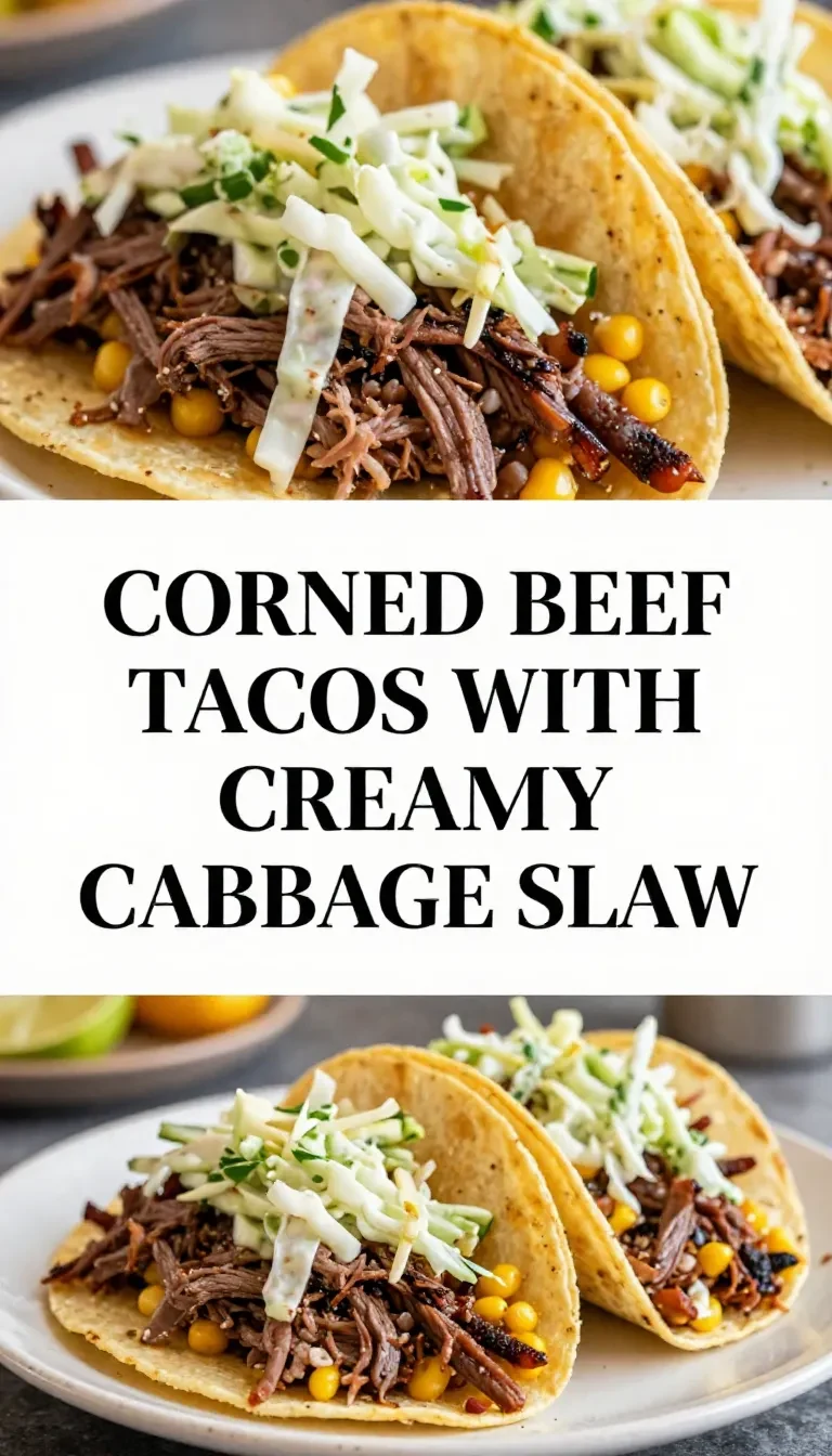 Delicious corned beef tacos topped with creamy cabbage slaw on a wooden table