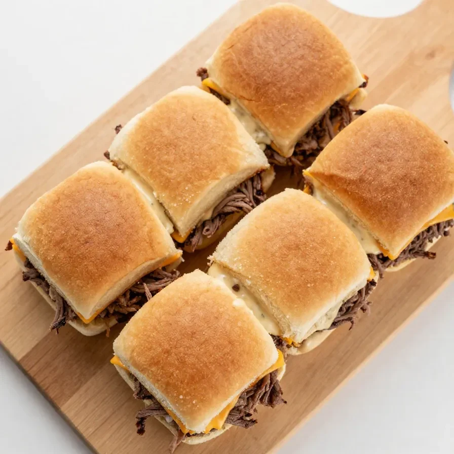 Close-up of Crockpot Corned Beef Sliders served on a wooden platter.