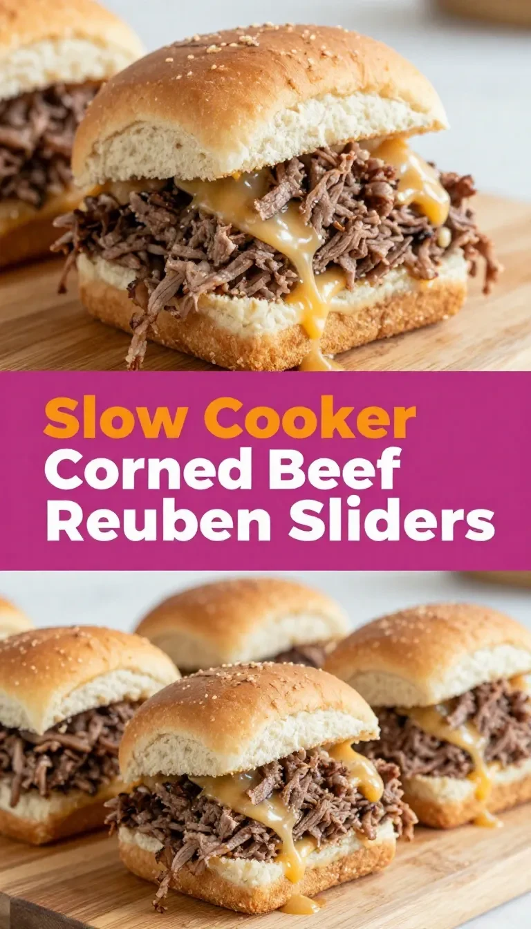 Close-up of Crockpot Corned Beef Sliders served on a wooden platter.
