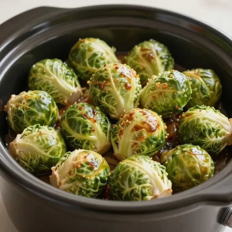 A delicious slow cooker dish featuring corned beef and Brussels sprouts served on a plate.