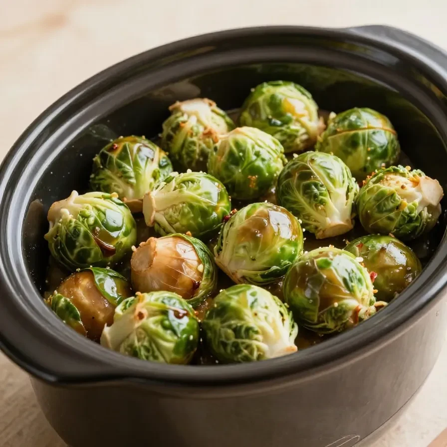 A delicious slow cooker dish featuring corned beef and Brussels sprouts served on a plate.