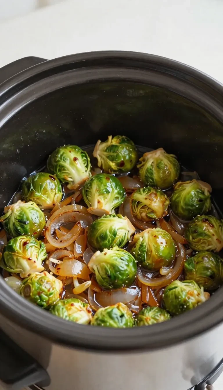 A delicious slow cooker dish featuring corned beef and Brussels sprouts served on a plate.
