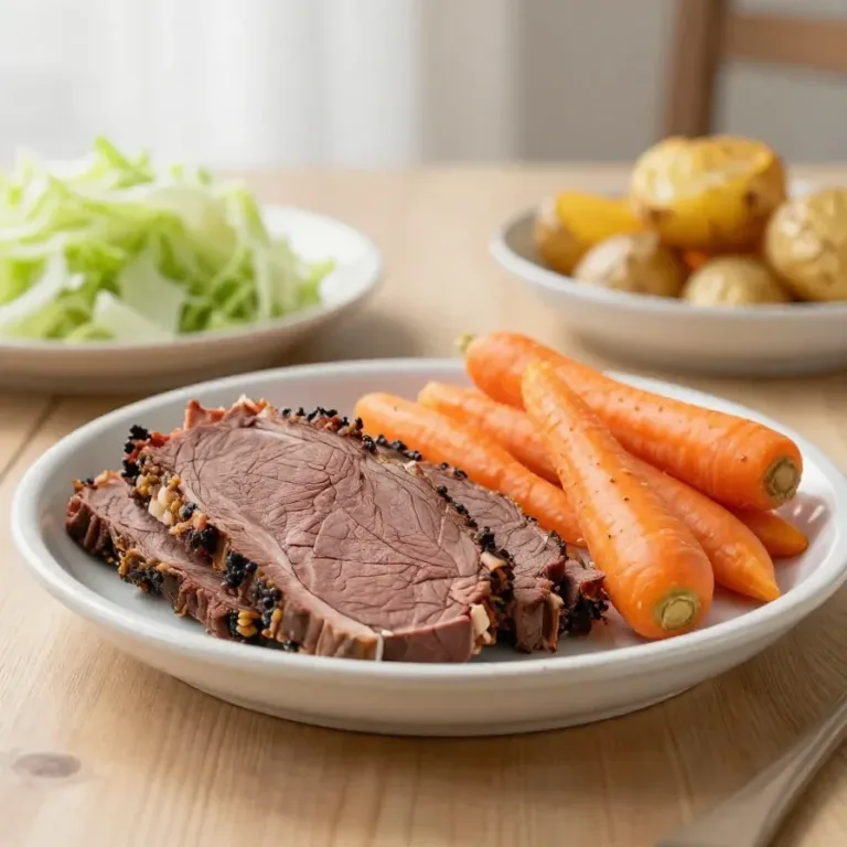 A crockpot filled with tender corned beef surrounded by vegetables.