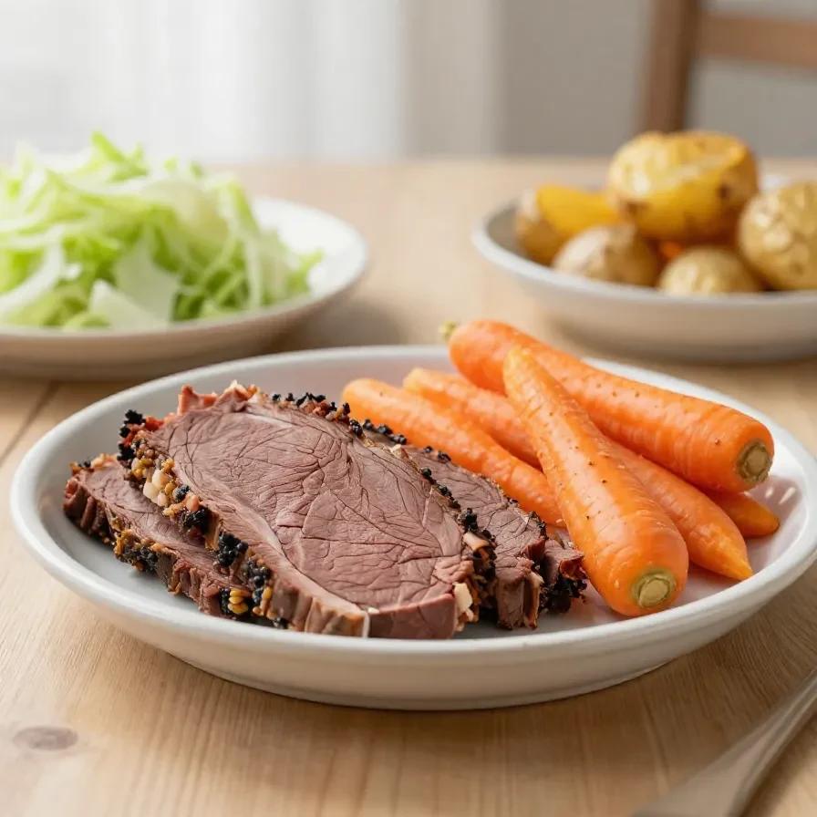 A crockpot filled with tender corned beef surrounded by vegetables.