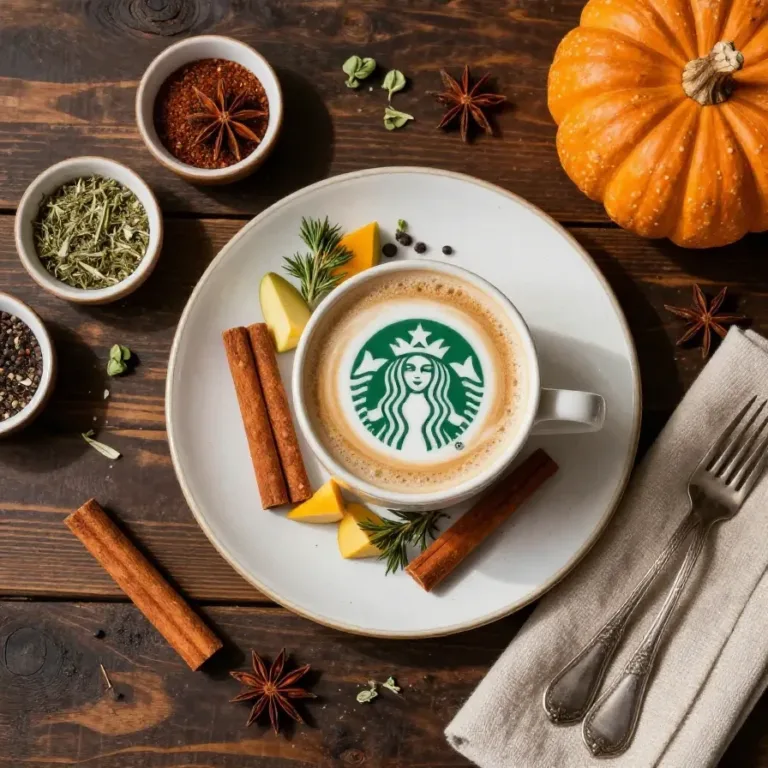 A homemade pumpkin spice latte served in a white mug with cinnamon sticks and pumpkin decor on the side.