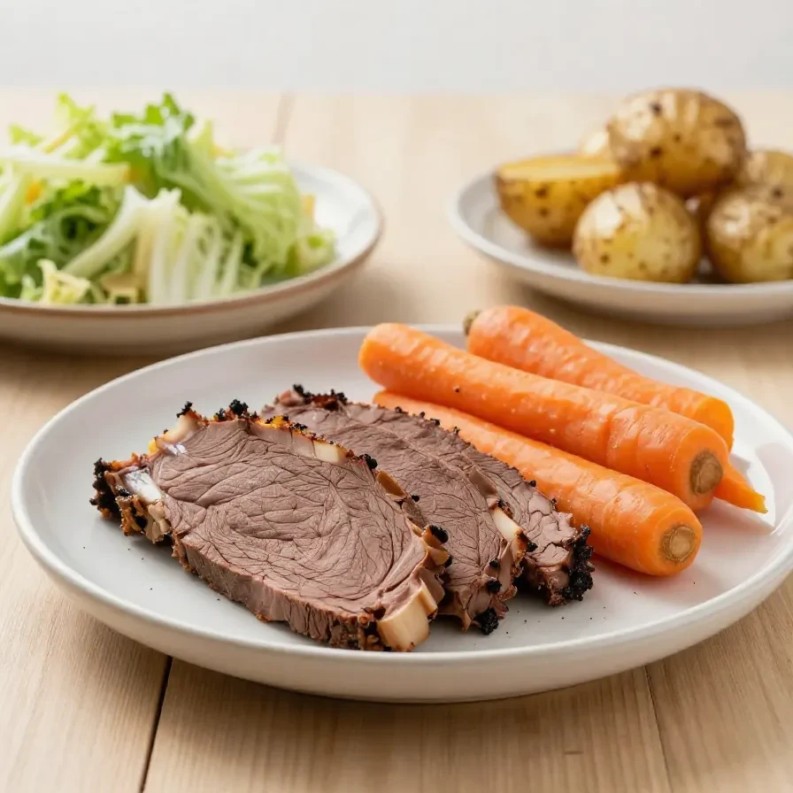 A crockpot filled with tender corned beef surrounded by vegetables.
