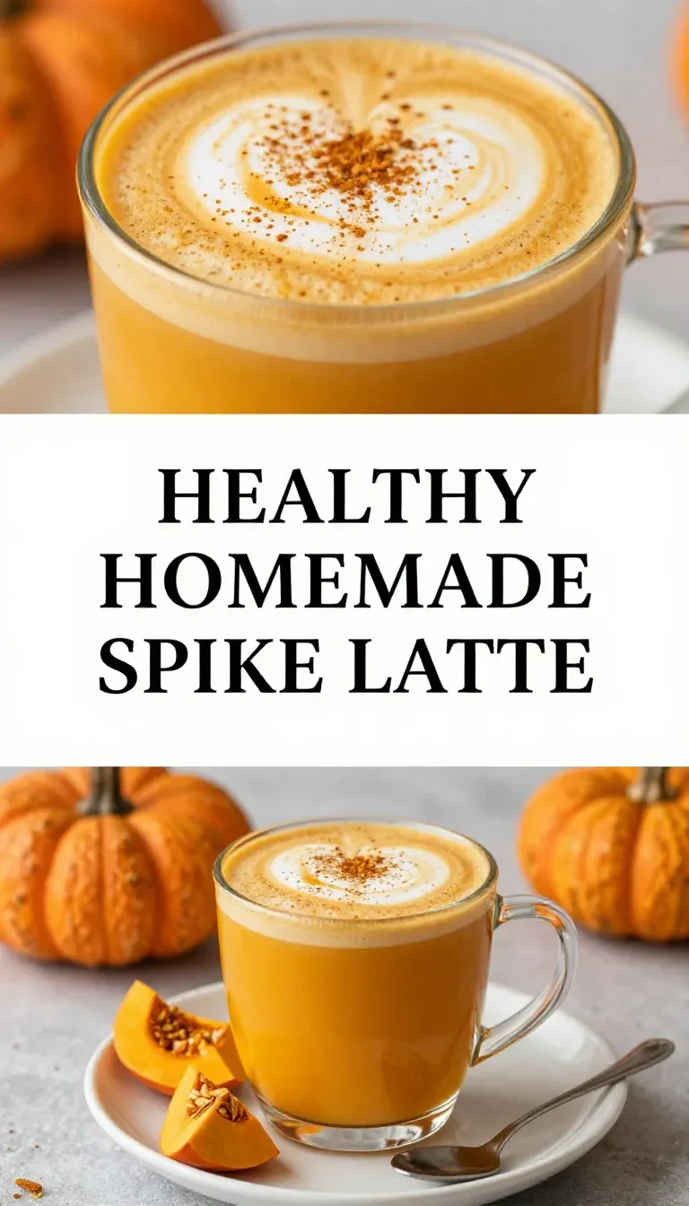 A homemade pumpkin spice latte served in a white mug with cinnamon sticks and pumpkin decor on the side.