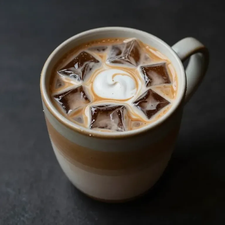 A glass of homemade iced coffee with ice cubes and a straw on a wooden table.