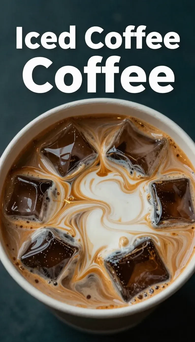 A glass of homemade iced coffee with ice cubes and a straw on a wooden table.