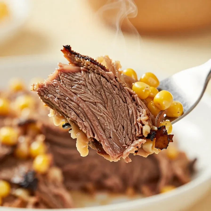A plate of slow-cooked corned beef served with tender cabbage, carrots, and potatoes.