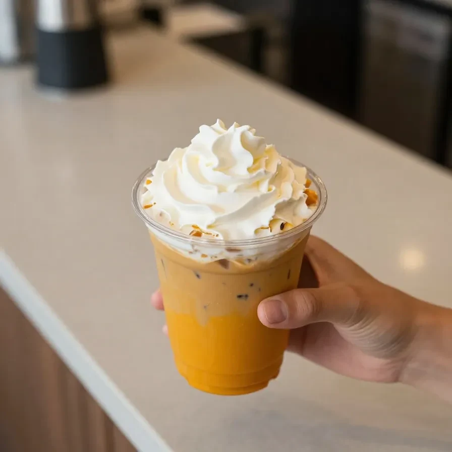 A steaming cup of pumpkin spice latte with whipped cream on top, served in a Starbucks mug.