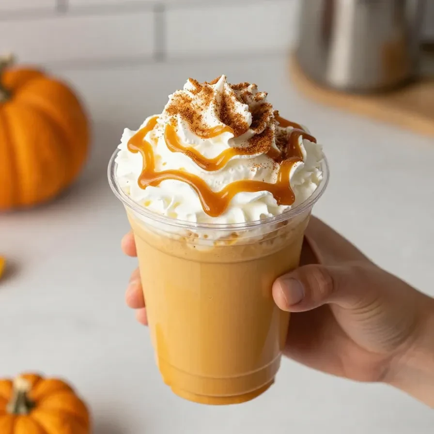 A close-up of a Starbucks Pumpkin Spice Latte topped with whipped cream and cinnamon.