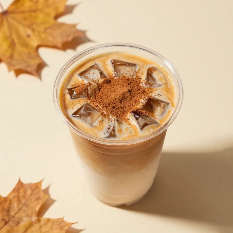 A cozy autumn table setting with pumpkin pie, apple cider, and fall leaves.