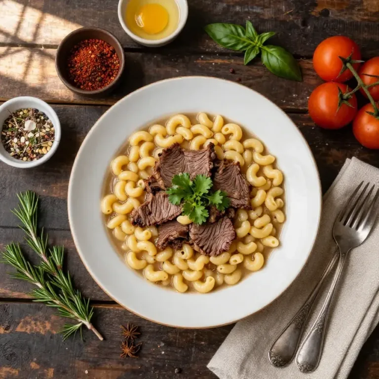 Corned Beef Macaroni Soup A steaming bowl of corned beef macaroni soup garnished with fresh herbs