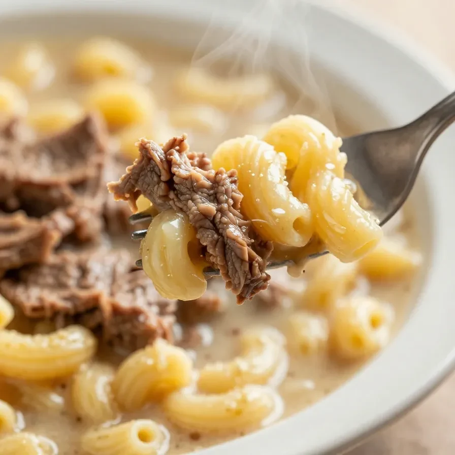 A steaming bowl of corned beef macaroni soup garnished with fresh herbs