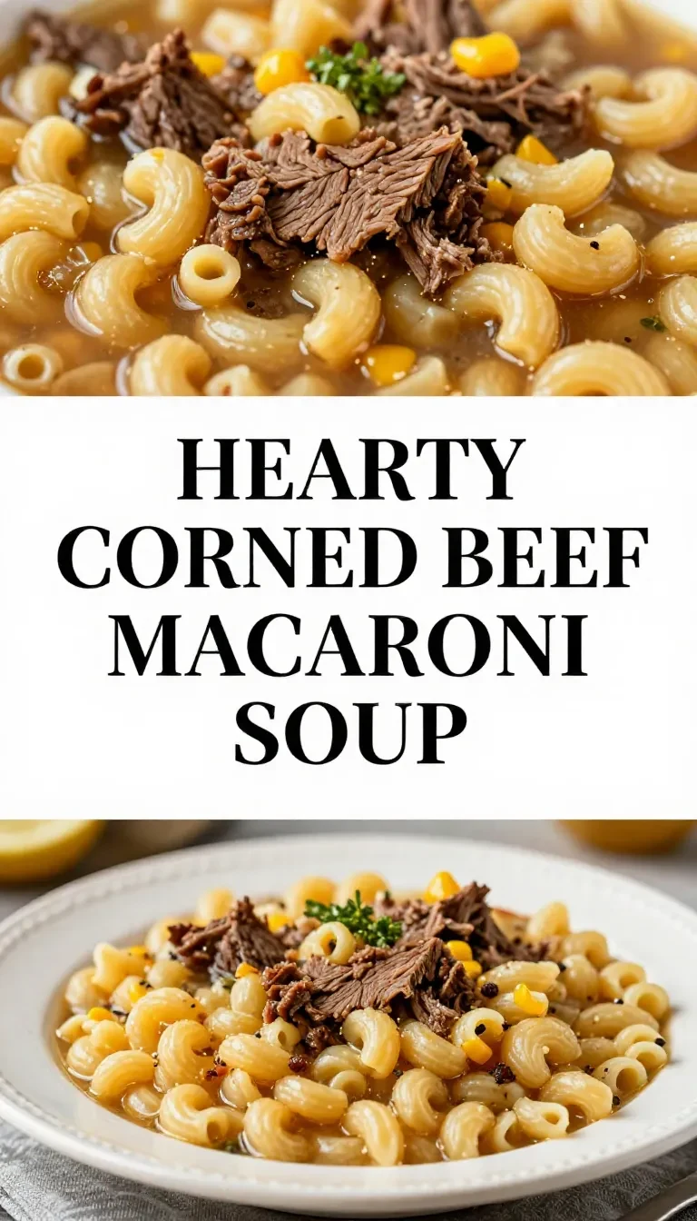 A steaming bowl of corned beef macaroni soup garnished with fresh herbs
