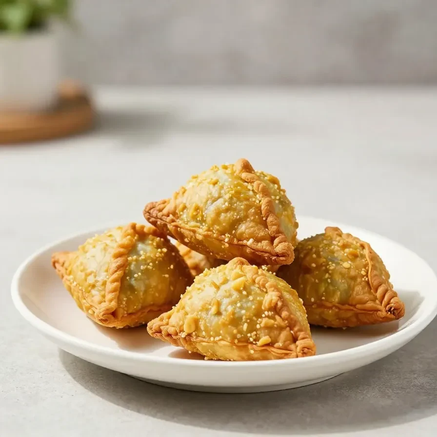 Golden brown curry puffs arranged on a white plate with a dipping sauce
