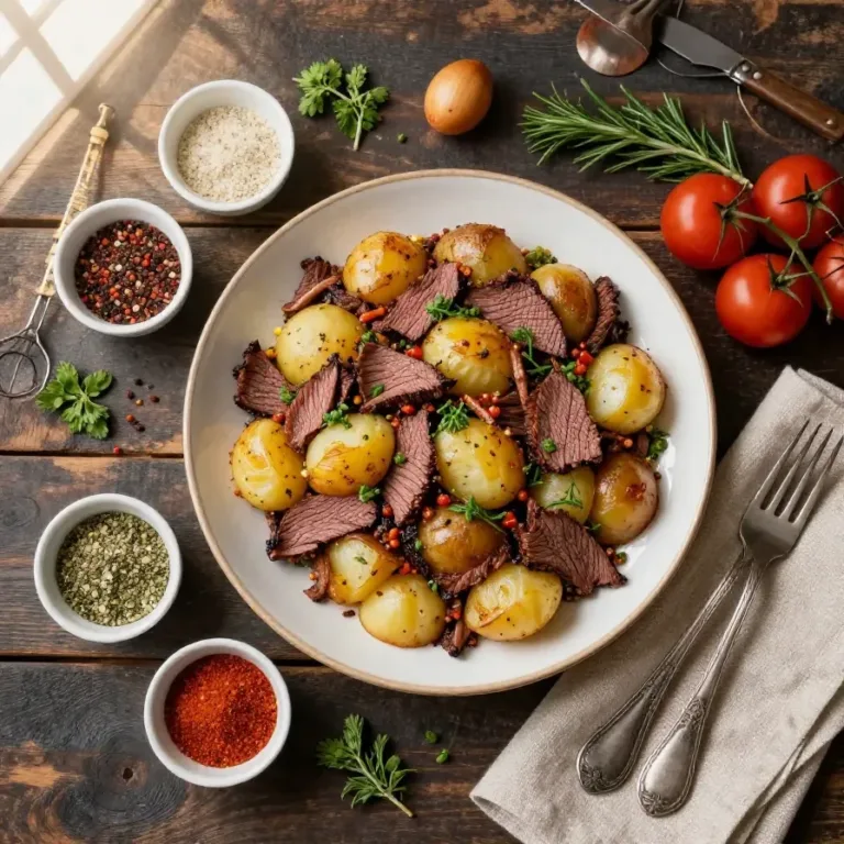 A freshly baked corned beef and potato casserole served in a white dish.