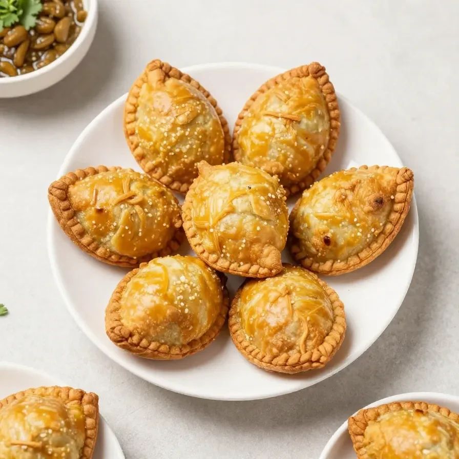 Golden brown curry puffs arranged on a white plate with a dipping sauce