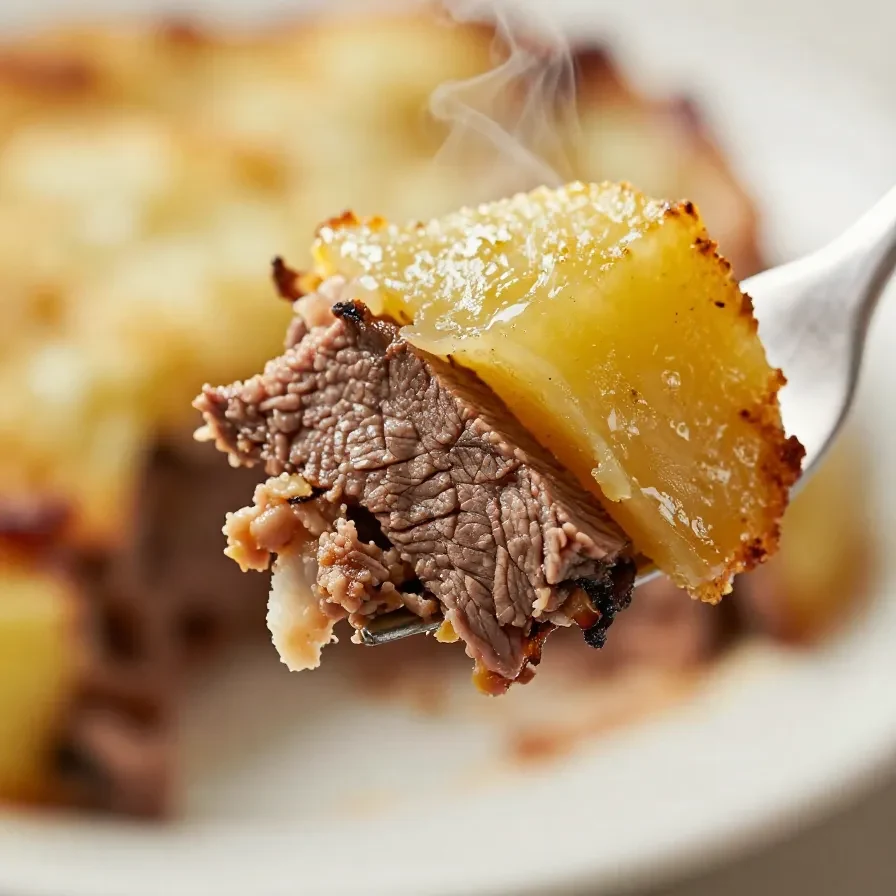 A freshly baked corned beef and potato casserole served in a white dish.