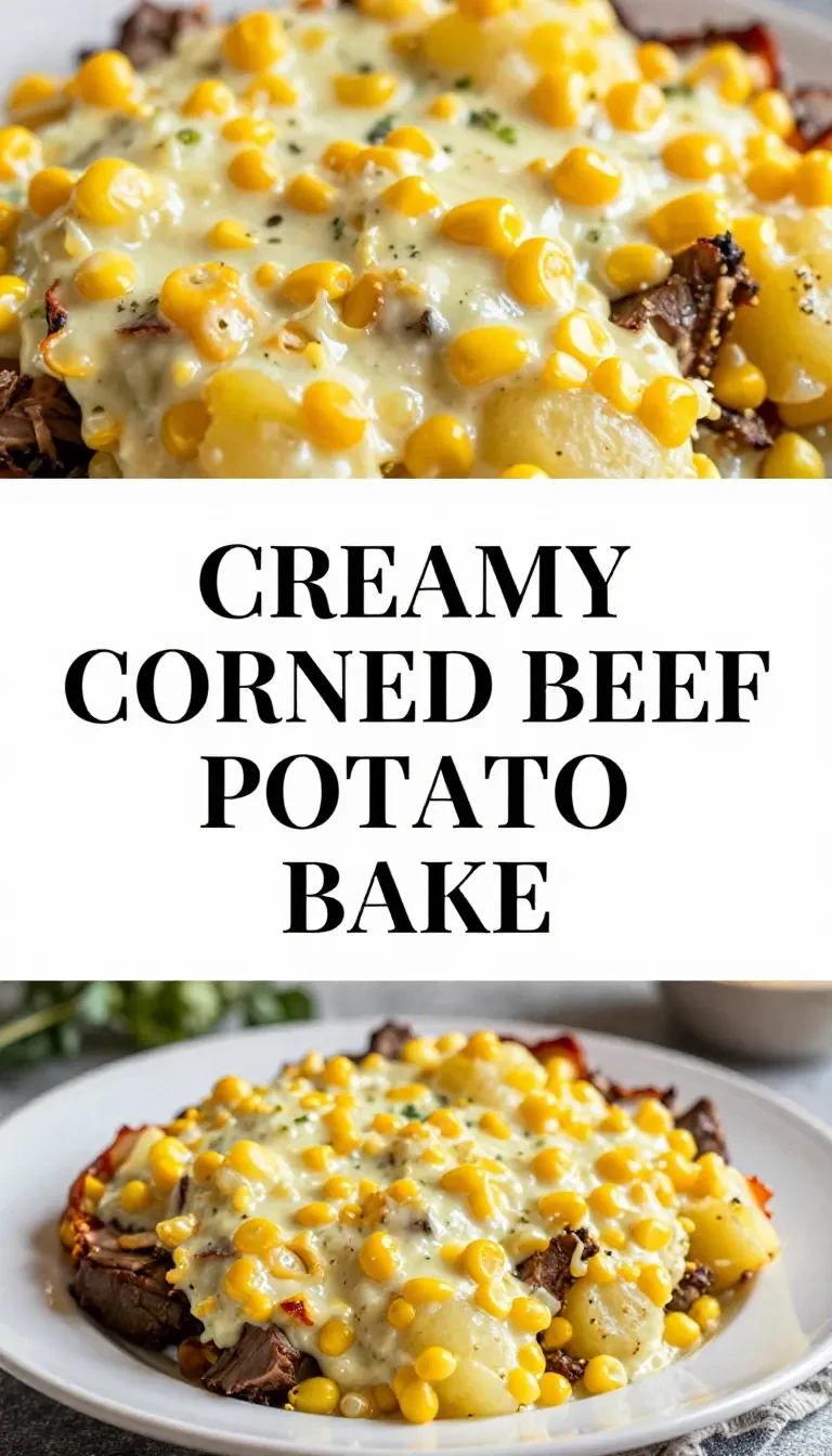 A freshly baked corned beef and potato casserole served in a white dish.