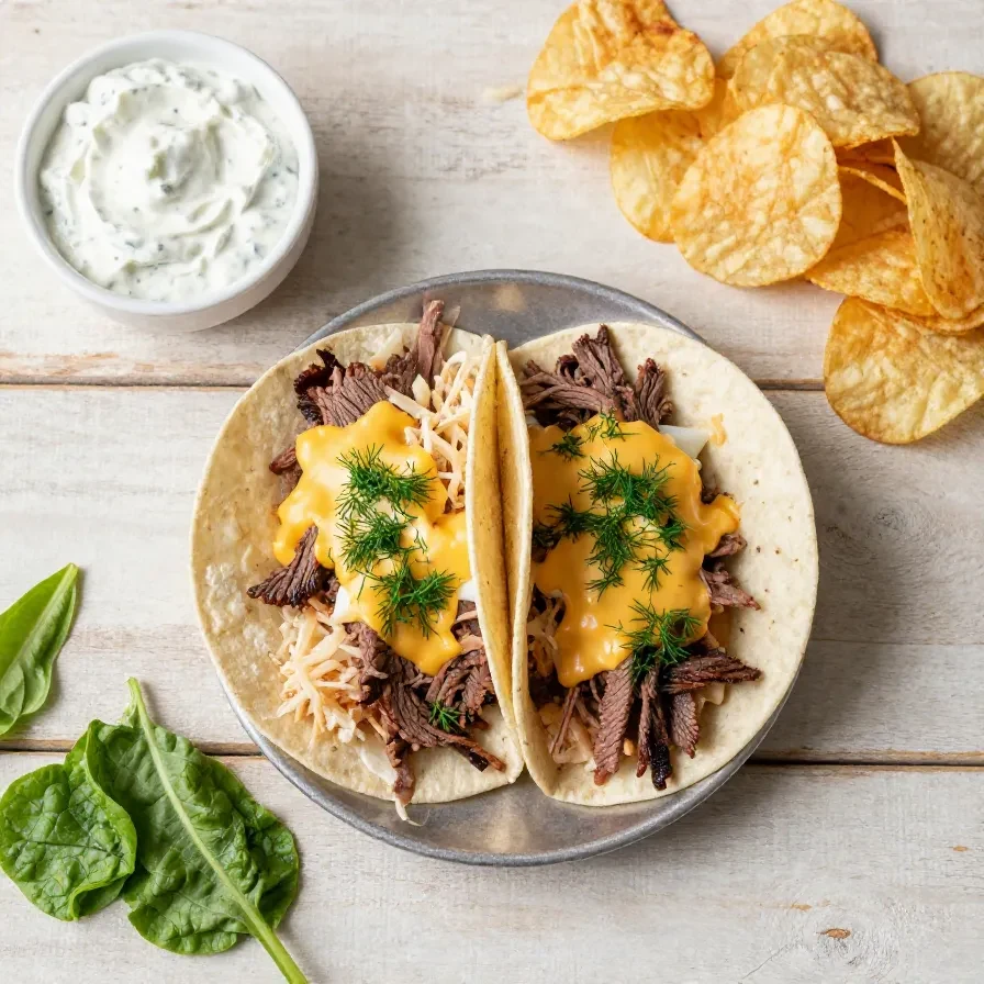 A delicious plate of Reuben tacos filled with corned beef, sauerkraut, and Swiss cheese.