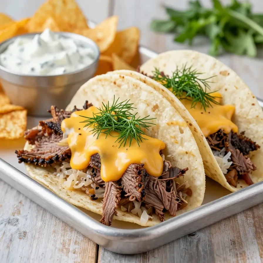 A delicious plate of Reuben tacos filled with corned beef, sauerkraut, and Swiss cheese.